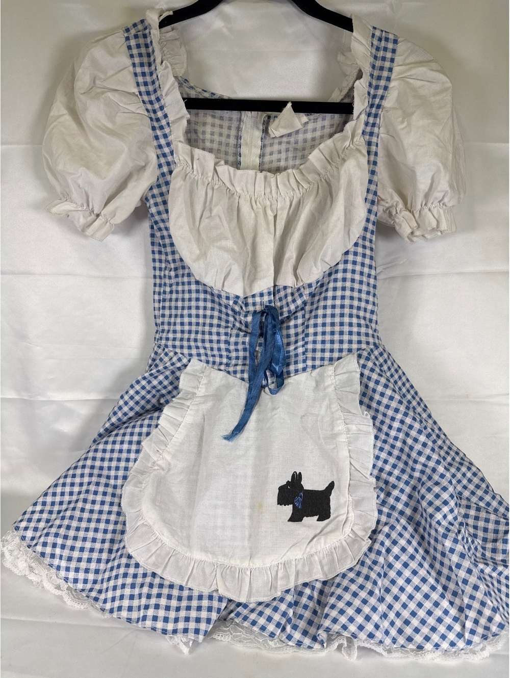 Vintage Blue Gingham Checkered Dress with White Apron and Scottie Dog Embroidery